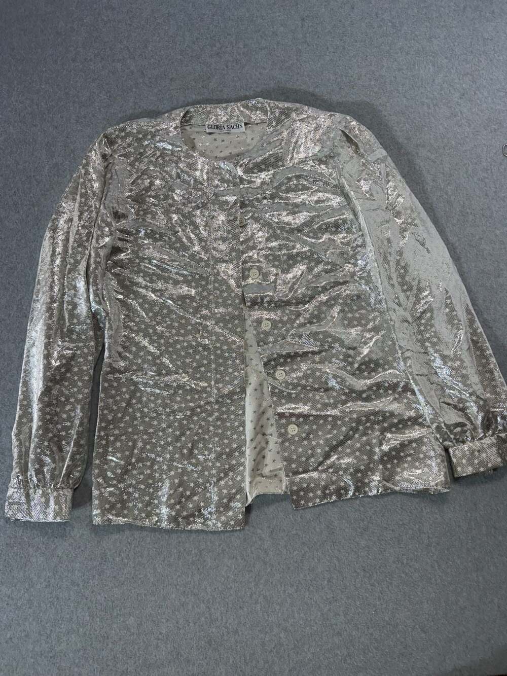 Vintage Gloria Sachs New York Metallic Silver‎ Star Print Button Down Blouse